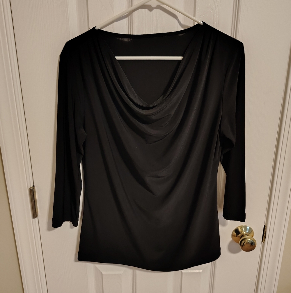 Black 3/4 Sleeve, Drape Neck Blouse. Medium